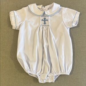 White Baby Bubble Romper with Blue Cross Smocking Detail